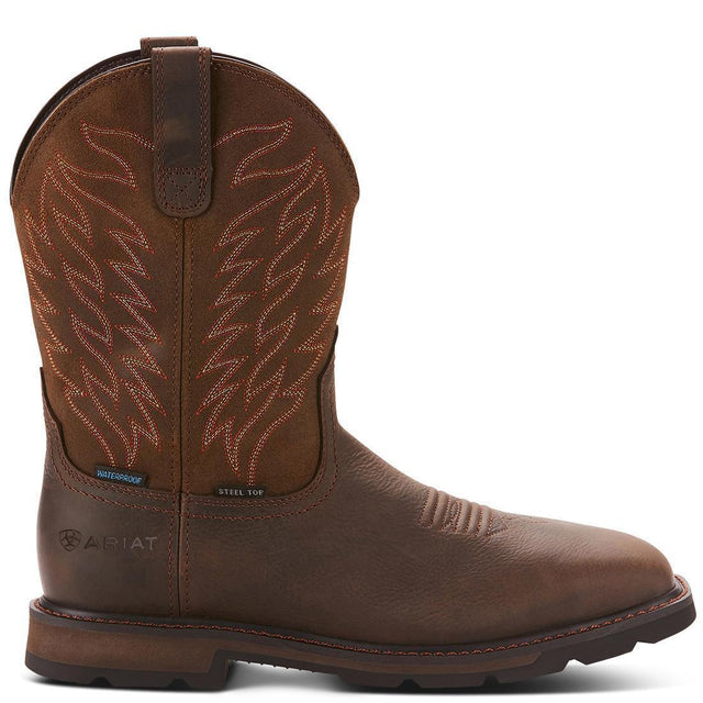 Ariat Groundbreaker Steel-Toe Waterproof Pull-On Work Boot Brown Side