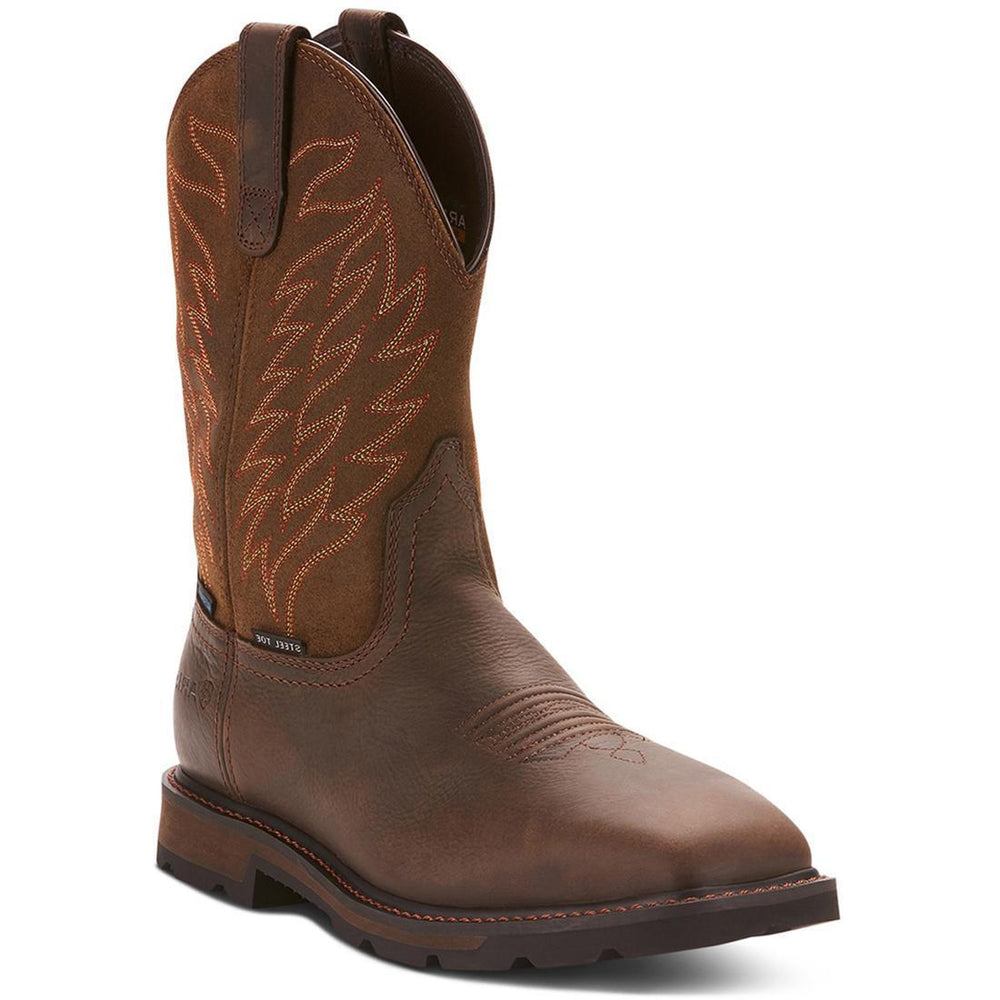 Ariat Groundbreaker Steel-Toe Waterproof Pull-On Work Boot Brown Profile