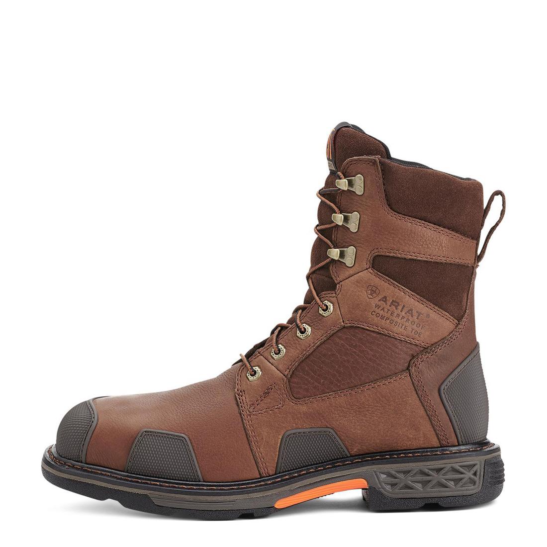 Ariat OverDrive 8 inch Composite-Toe Waterproof Wide Square Toe Work Boot Chestnut Brown Heel