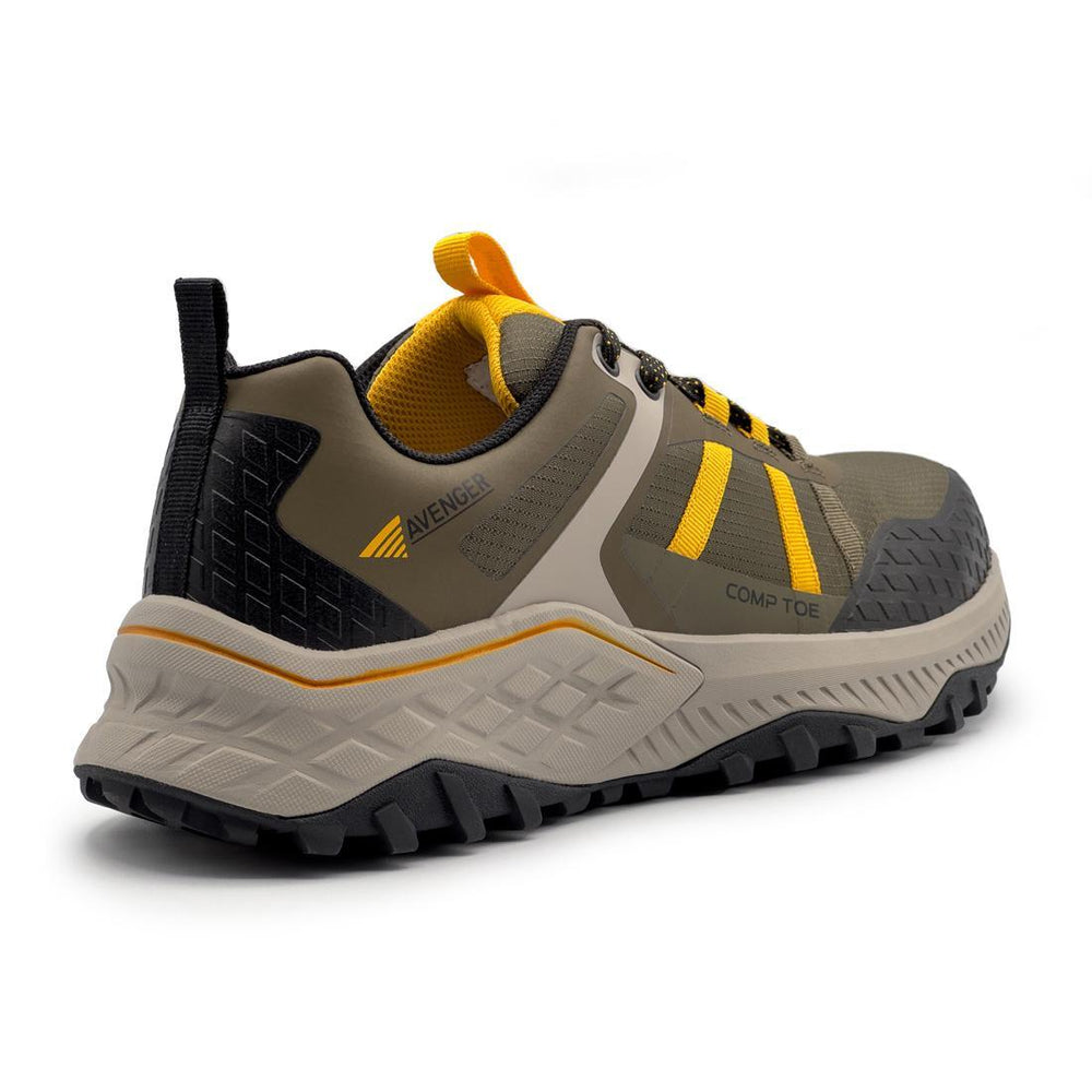 Avenger Aero Trail Composite Toe Work Shoes – Olive/Yellow A1222 Heel Image