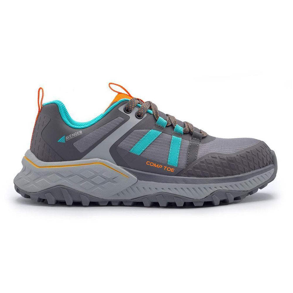 Avenger Aero Trail Women’s Composite Toe Work Shoes – Grey/Teal Profile View