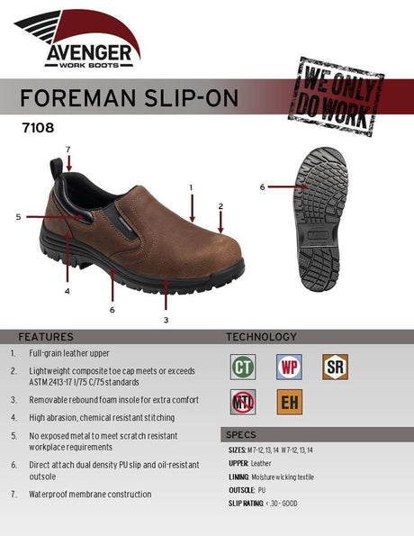 Avenger Foreman Waterproof Composite Toe Slip On Work Shoes – Brown A7108