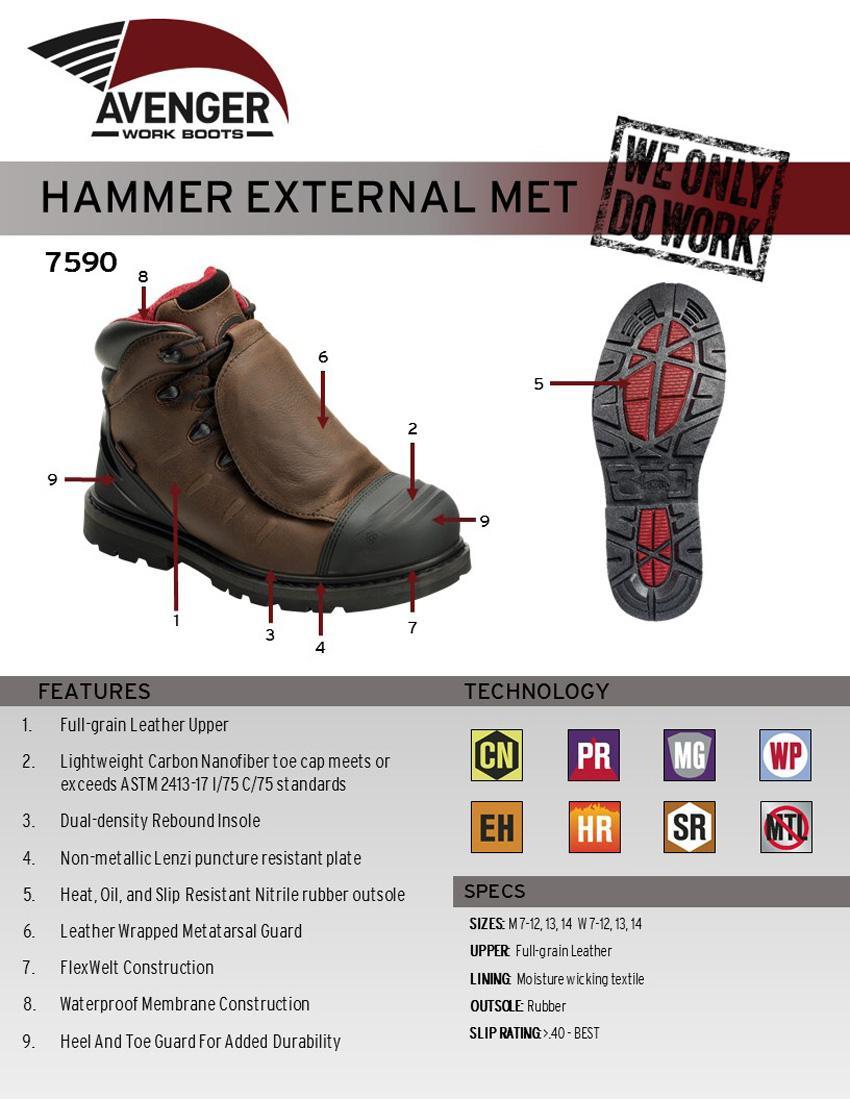 Avenger Hammer Waterproof Met Guard Carbon Toe 6" Work Boot – Chocolate Brown A7590 Sole Image