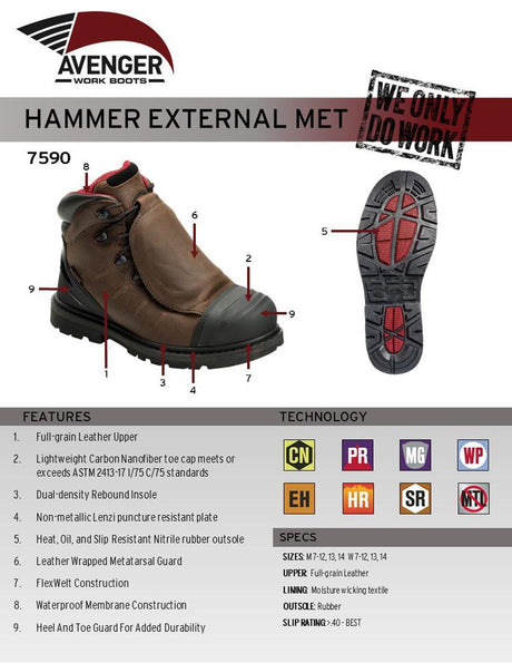 Avenger Hammer Waterproof Met Guard Carbon Toe 6" Work Boot – Chocolate Brown A7590 Sole Image