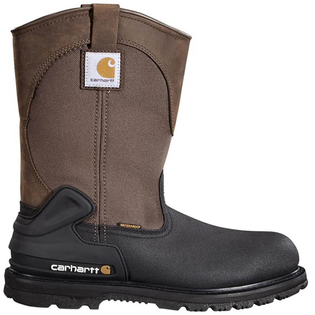 Carhartt 11" Heritage Soft-Toe Waterproof Insulated Pull-On Wellington Work Boot Dark Brown/Black Profile View