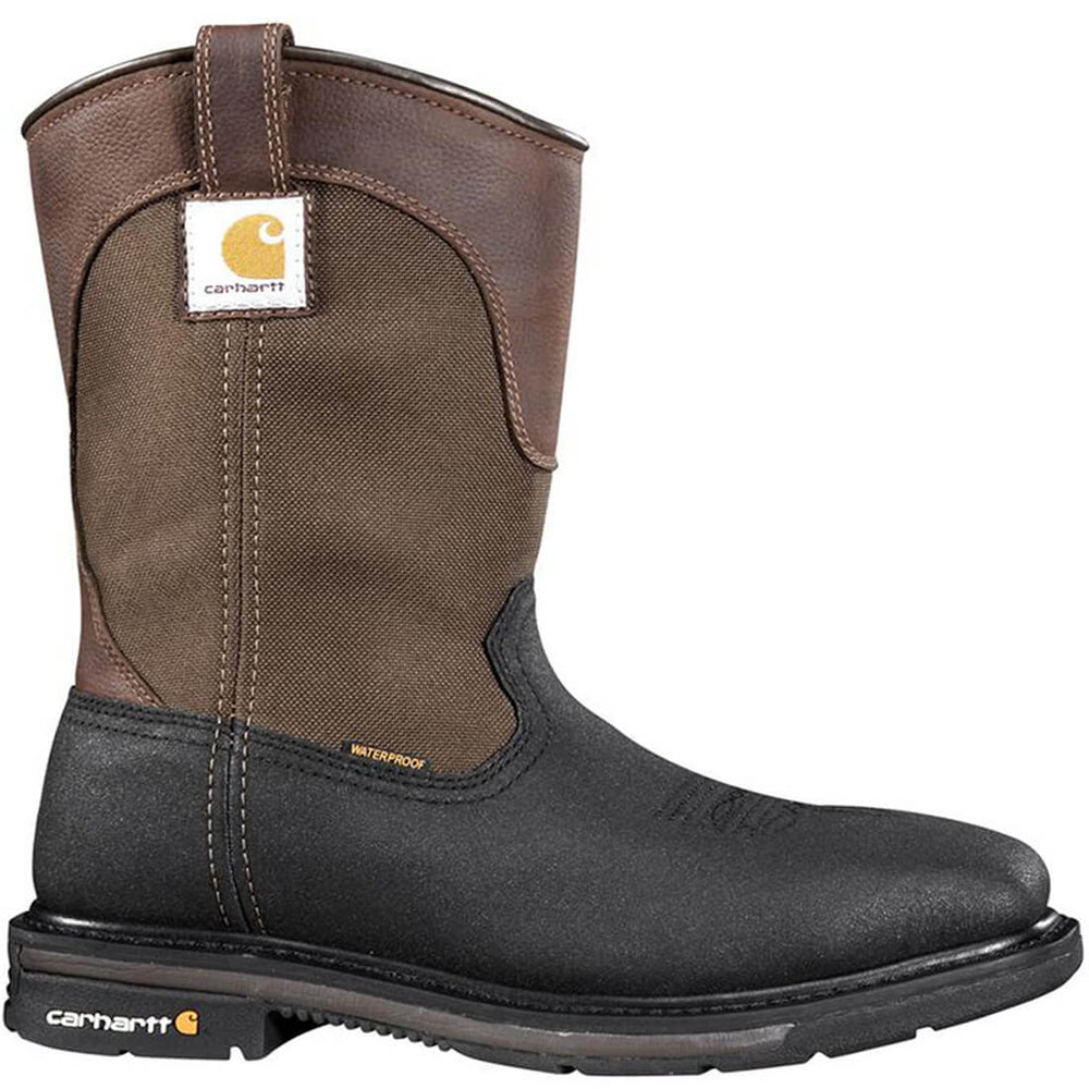 Carhartt 11" Rugged Flex Steel-Toe Waterproof Square Toe Wellington Pull-On Work Boot Dark Brown/Black Profile View