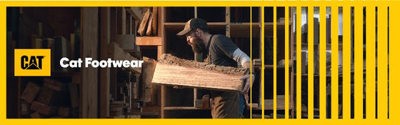Caterpillar-branded banner featuring bold text and rugged industrial background, promoting work gear