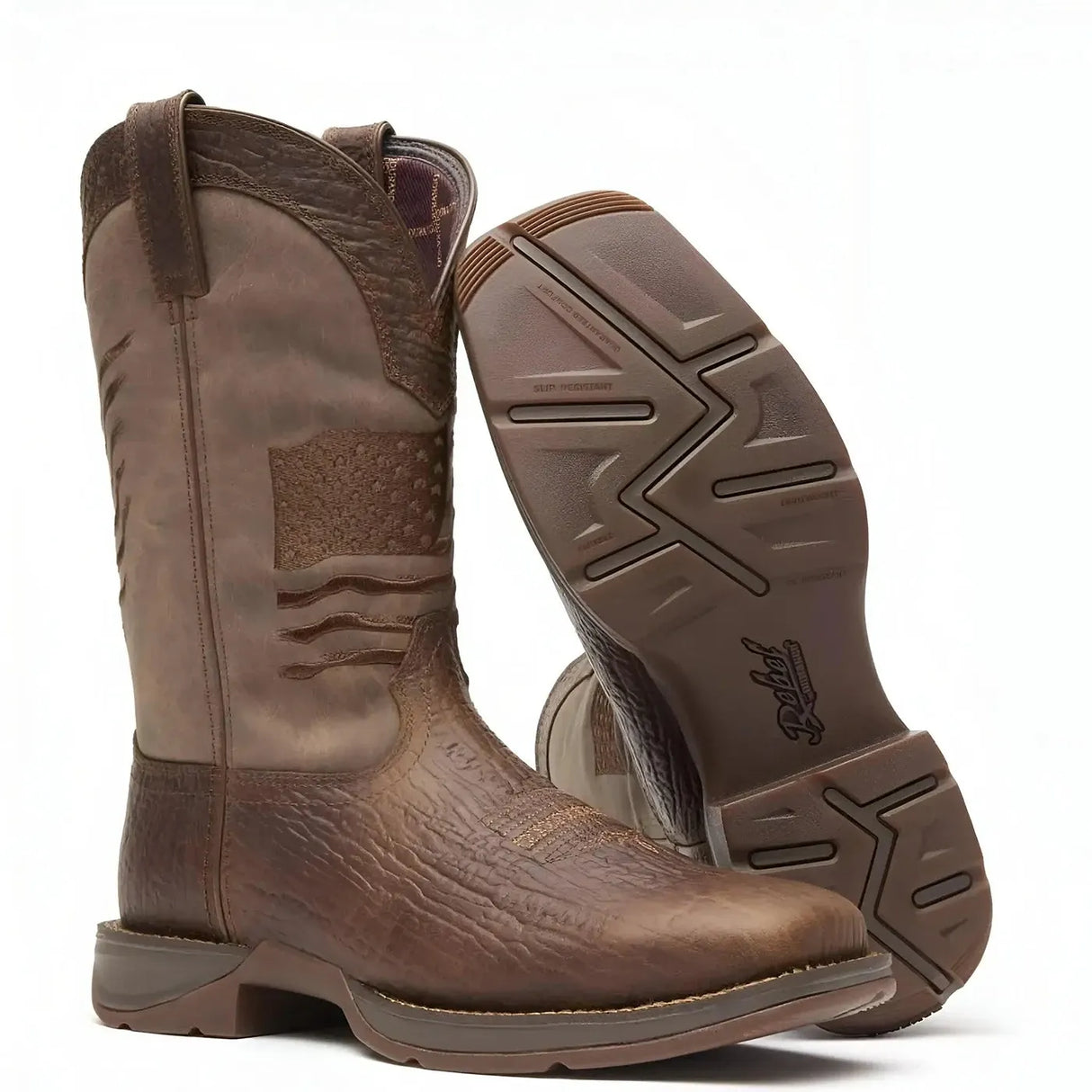 Durango Rebel Brown Distressed Flag Embroidery Western Boot Heel