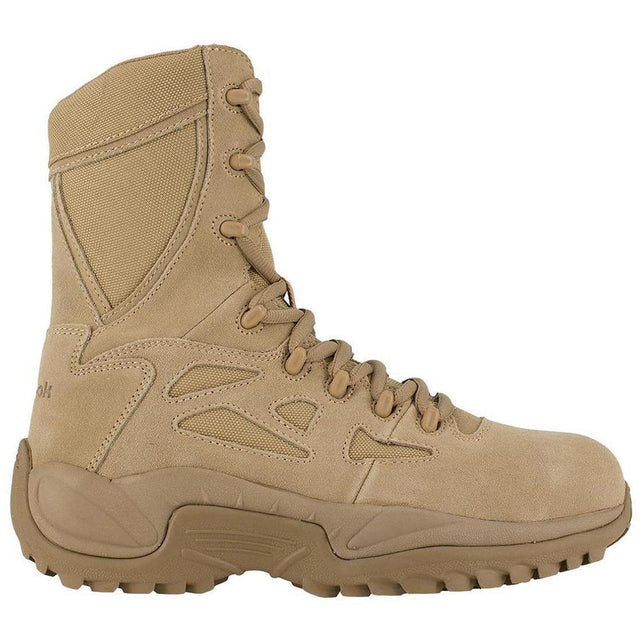 Reebok Work Rapid Response Rb 8 Inch Composite Toe Side Zip Military Work Boot Desert Tan Profile View