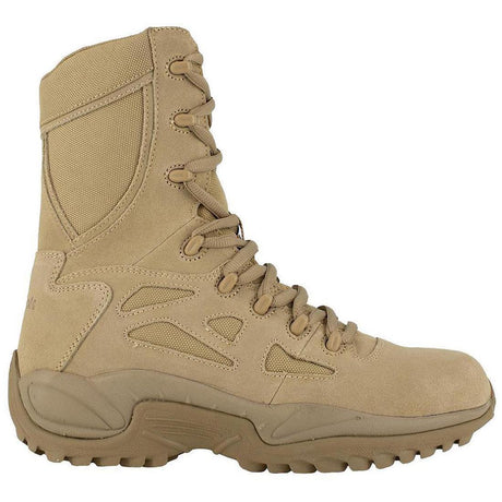 Reebok Work Rapid Response Rb 8 Inch Soft-Toe Side Zip Military Boot Desert Tan Profile View