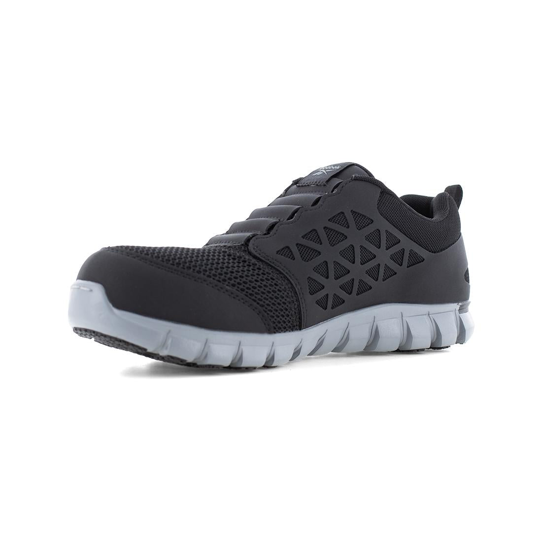 Reebok Sublite Cushion Composite Toe Slip‑On Work Shoe – Black RB4052 Heel Image