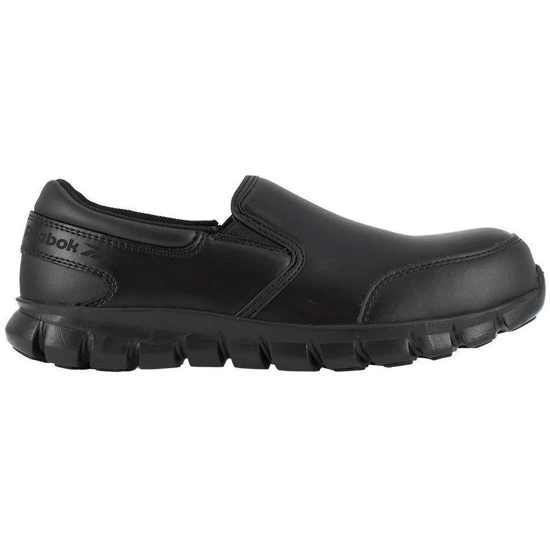 Reebok Work Sublite Cushion Composite-Toe Slip On Athletic Work Shoe Black Profile View