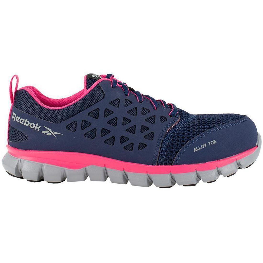 Reebok Work Women's Sublite Cushion Alloy-Toe Athletic Work Shoe Blue/Pink Profile View
