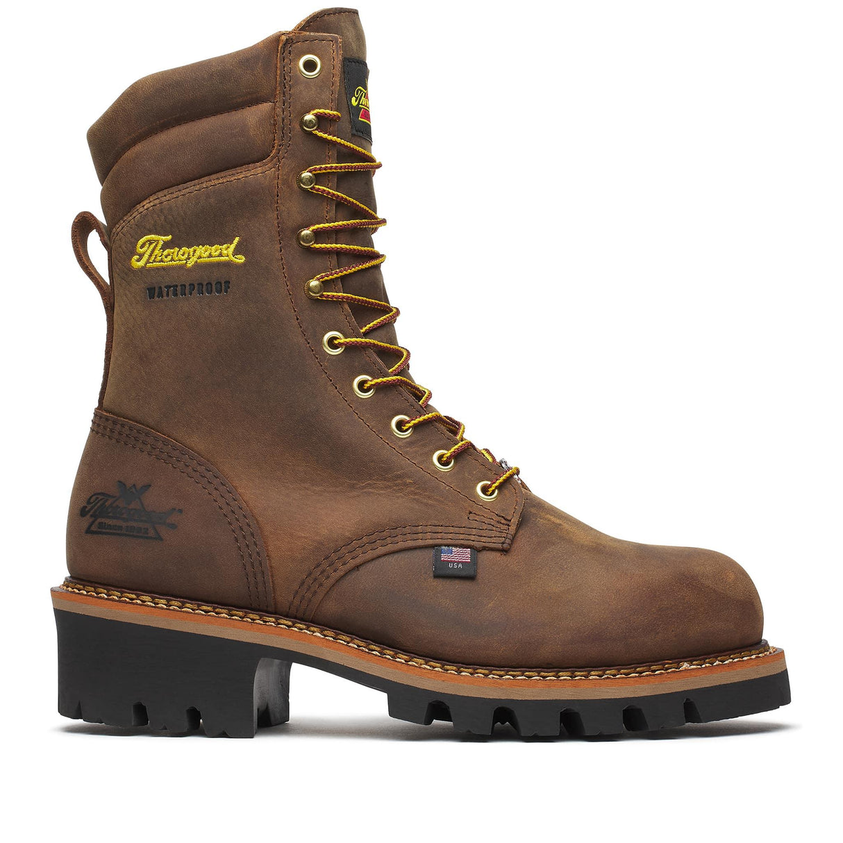 Thorogood Logger Series 9" Steel Toe Waterproof Boot Brown Stud Horse side view