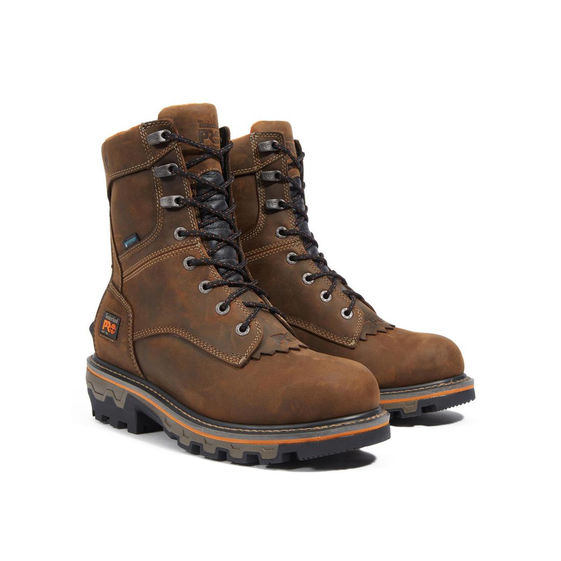 Timberland Pro Boondock HD 8 Inch Soft Toe Waterproof Logger Boot Brown Angled View