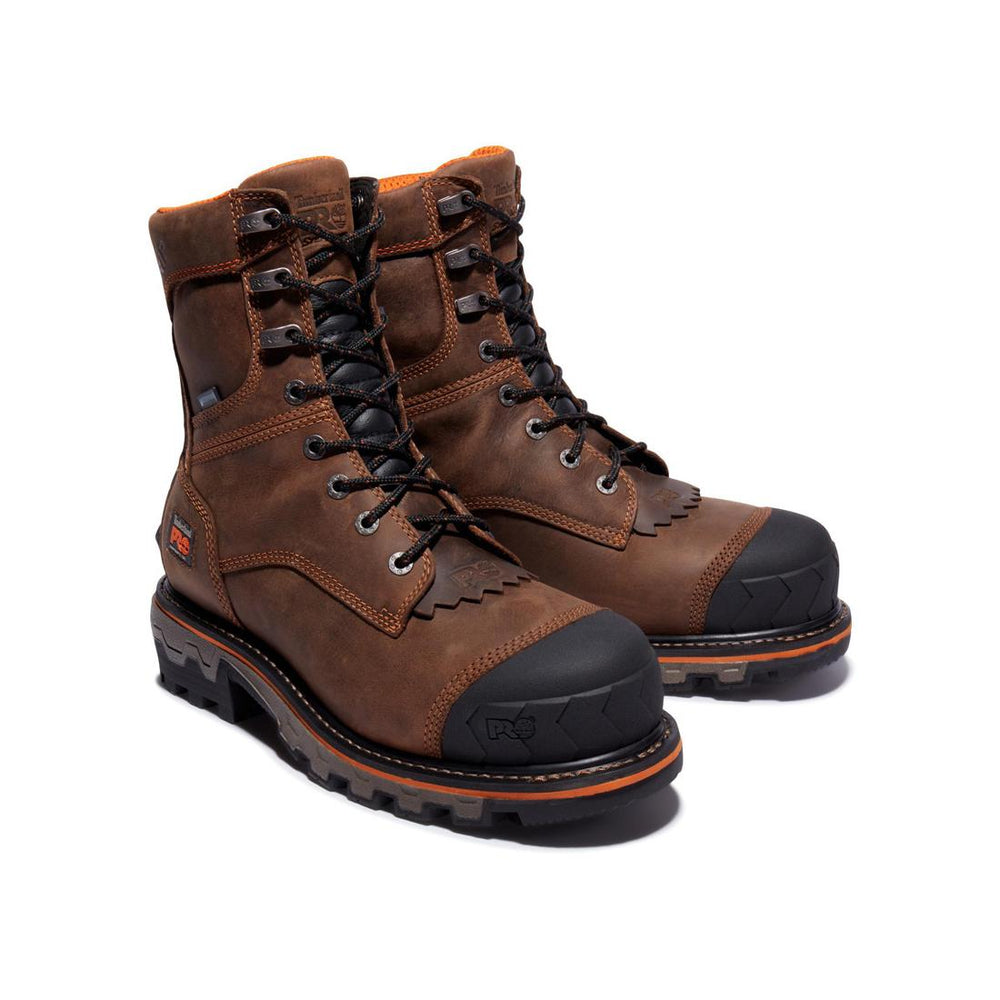 Timberland Pro Boondock HD 8 Inch Composite-Toe Waterproof Ins 400G Logger Work Boot Brown Angled View