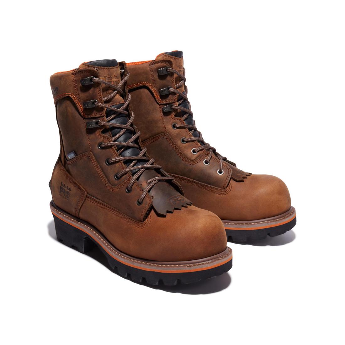 Timberland Pro Evergreen 8 Inch Composite-Toe Waterproof Logger Work Boot Brown Angled View