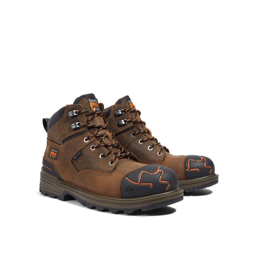 Timberland Pro Magnitude 6 Inch Composite-Toe Waterproof Work Boot Orange and Brown Angled View