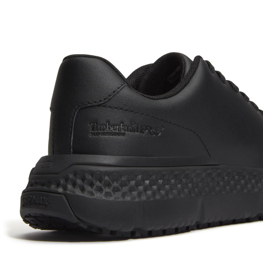 Timberland Pro Power Shift Women’s Slip Resistant Shoes – Black Leather Detail View