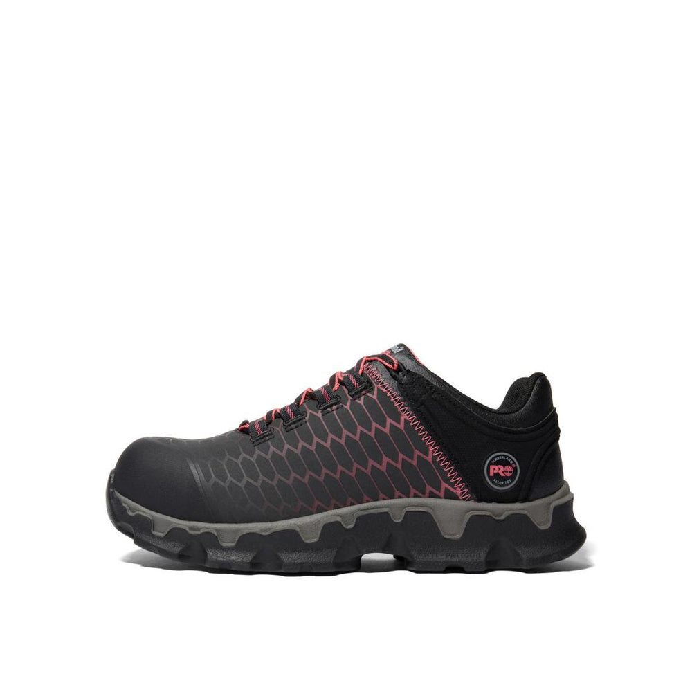 Timberland Pro Women's Powertrain Sport Alloy-Toe Work Shoe Black/Pink Angled View