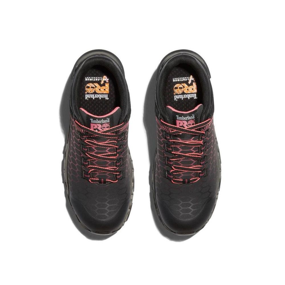 Timberland Pro Women's Powertrain Sport Alloy-Toe Work Shoe Black/Pink Front-upper View