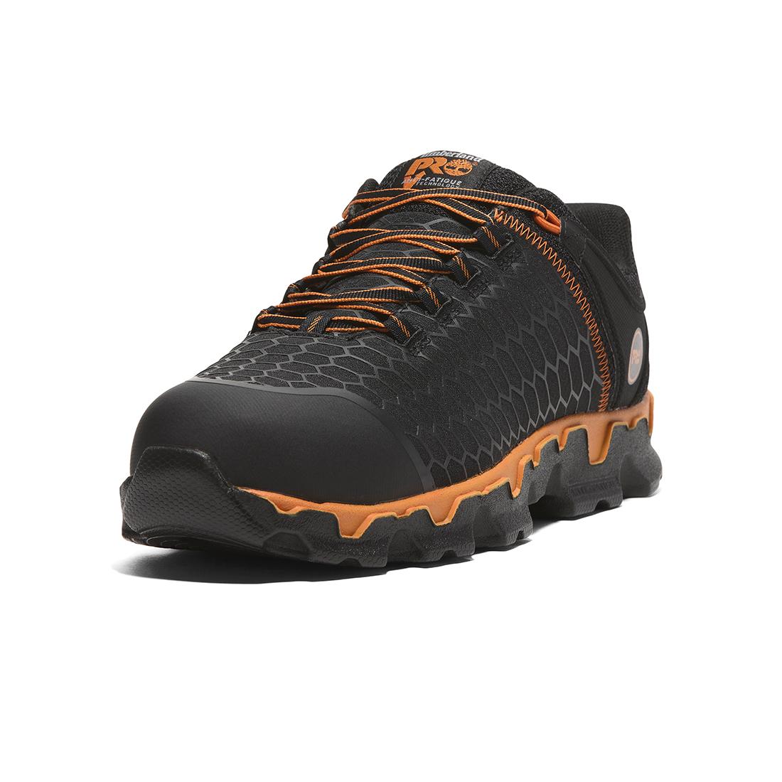 Timberland Pro Powertrain Sport Alloy-Toe Work Shoe Black Orange Heel-Back View