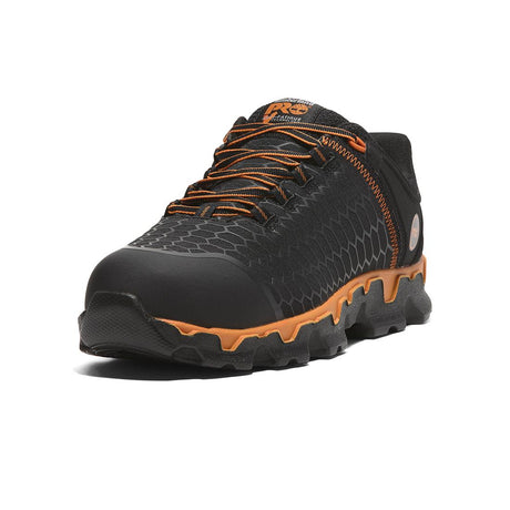 Timberland Pro Powertrain Sport Alloy-Toe Work Shoe Black Orange Heel-Back View