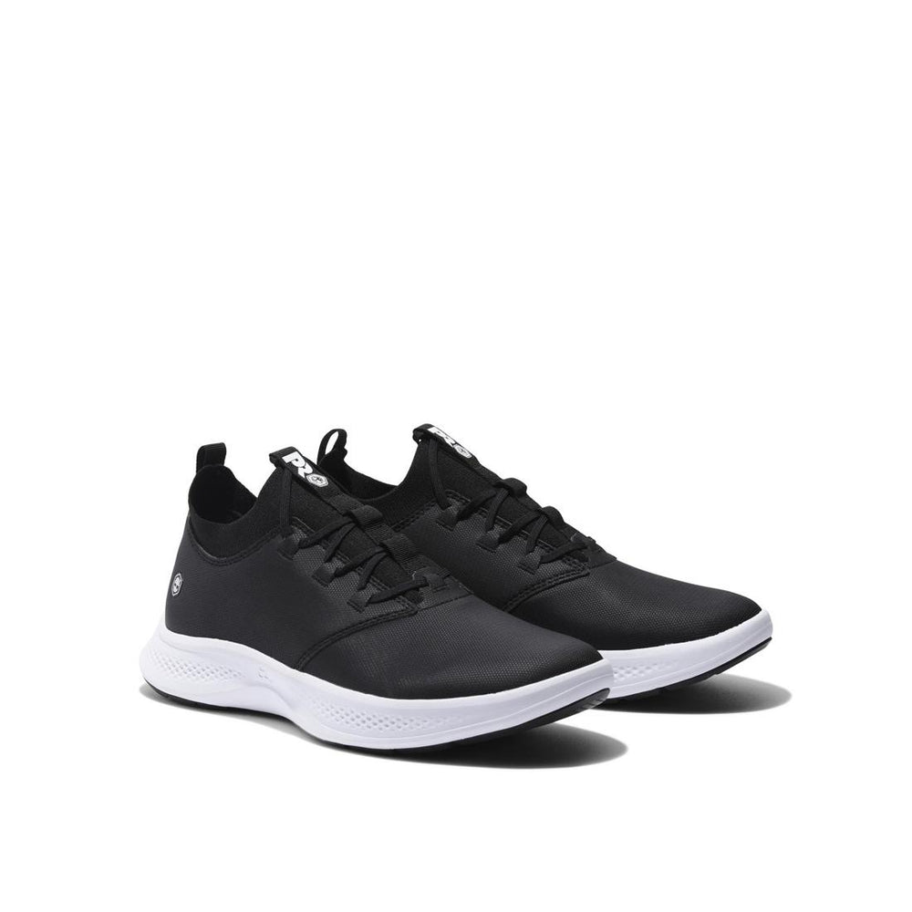 Timberland Pro Women's Solace Max Soft-Toe Slip-On Shoe Black/White Angled View