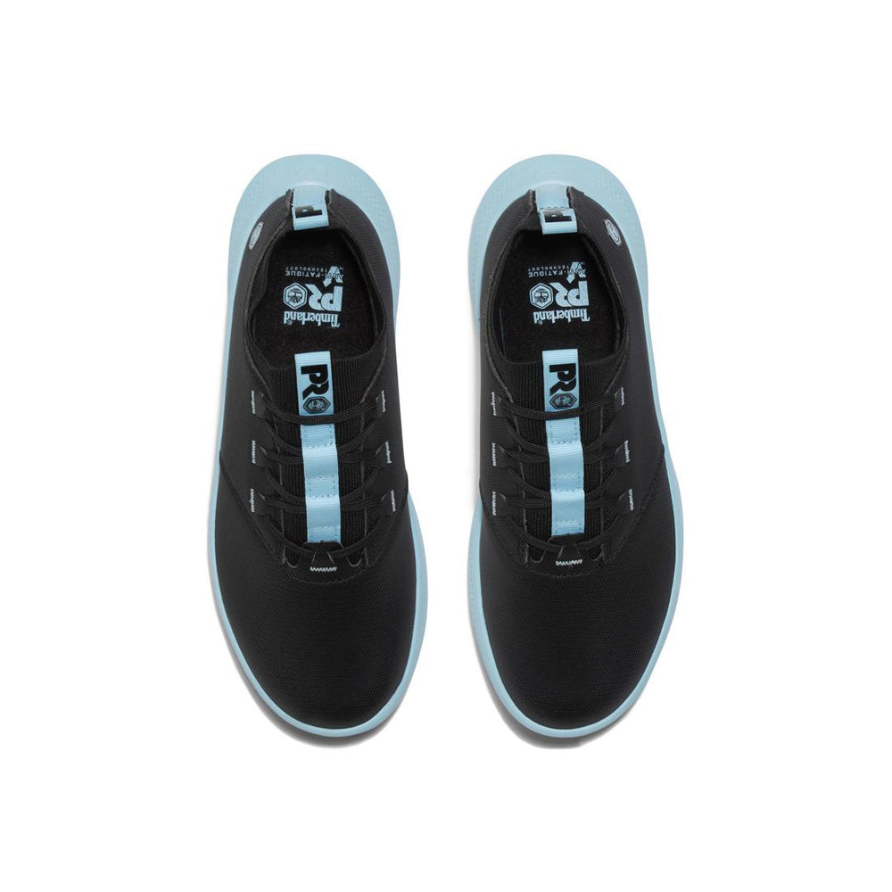 Timberland Pro Women's Solace Max Soft-Toe Slip-On Shoe Black/Blue Front-upper View