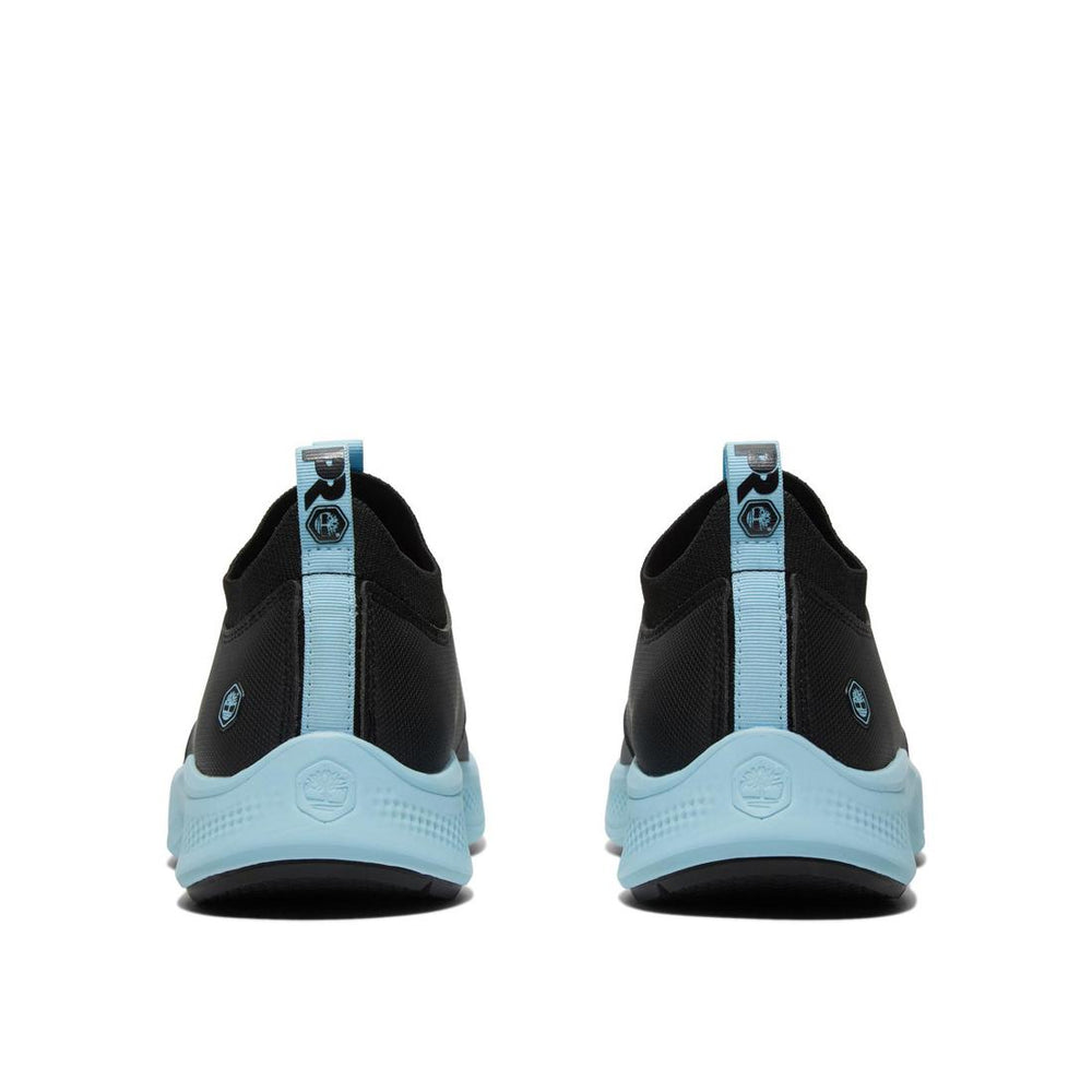 Timberland Pro Women's Solace Max Soft-Toe Slip-On Shoe Black/Blue Heel-Back View