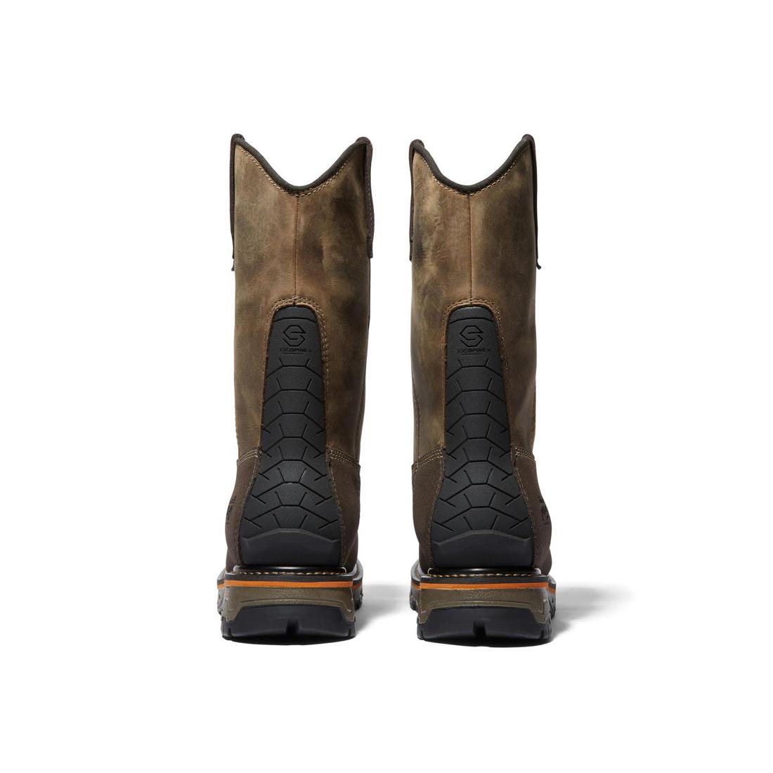 Timberland Pro True Grit Composite-Toe Waterproof Pull-On Work Boot Brown/Green Heel-Back View