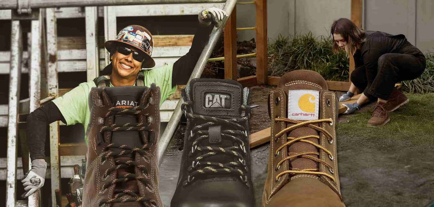 Women’s work boots banner: Ariat, CAT, Carhartt front view with jobsite scene.