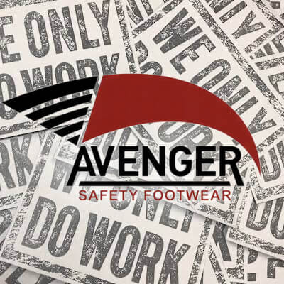 Avenger Work Boots and Shoes logo on Work Only background.