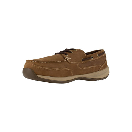 Rockport Works Sailing Club Steel-Toe Int Metgaurd Slip On Work Shoe Brown RK6734 Angled Medial Image