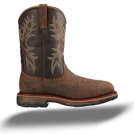 Ariat Work Boot: Brown leather with decorative stitching.