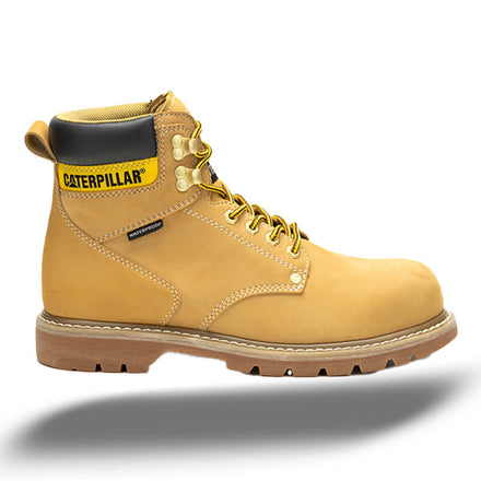 Caterpillar Footwear: Yellow Caterpillar work boot, robust and waterproof.