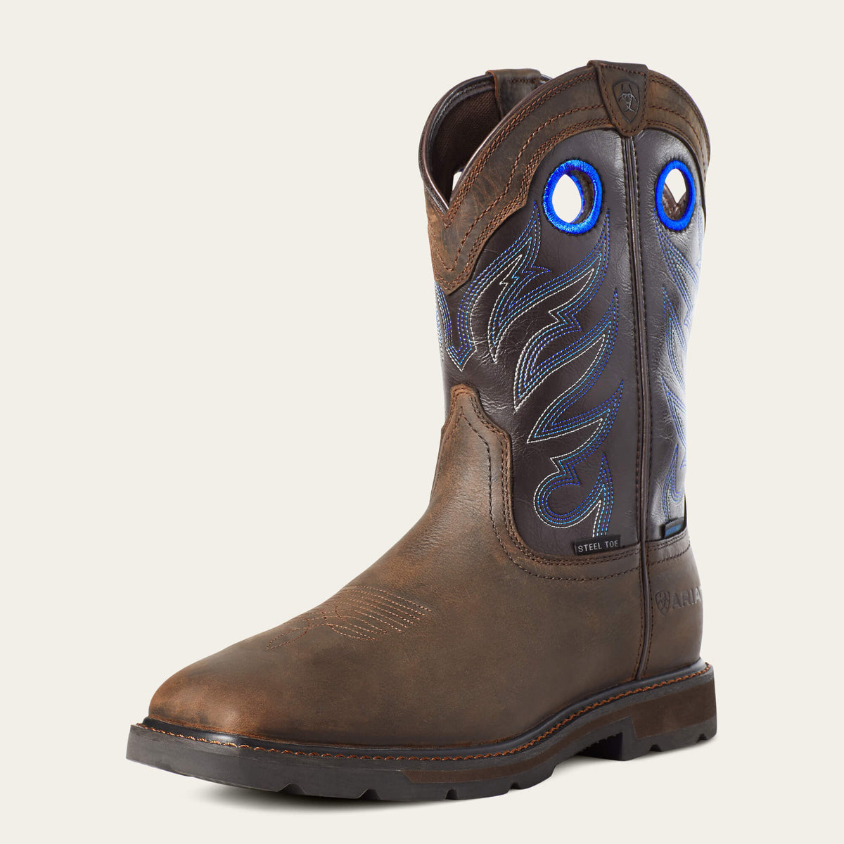Ariat Groundwork Waterproof Wide Square Toe Steel Toe Work Boot in Dark Brown, three-quarter front view