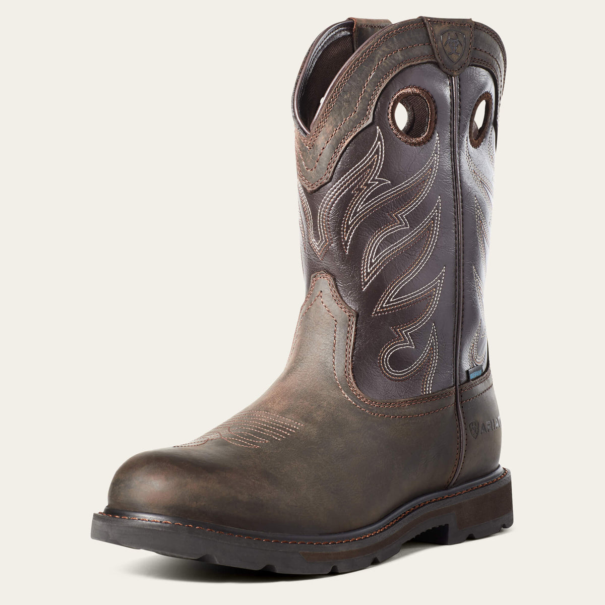 Ariat Groundwork Waterproof Round Toe Work Boot in Dark Brown, three-quarter front view