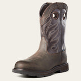 Ariat Groundwork Waterproof Round Toe Work Boot in Dark Brown, three-quarter front view