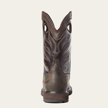 Ariat Groundwork Waterproof Round Toe Work Boot in Dark Brown, heel view