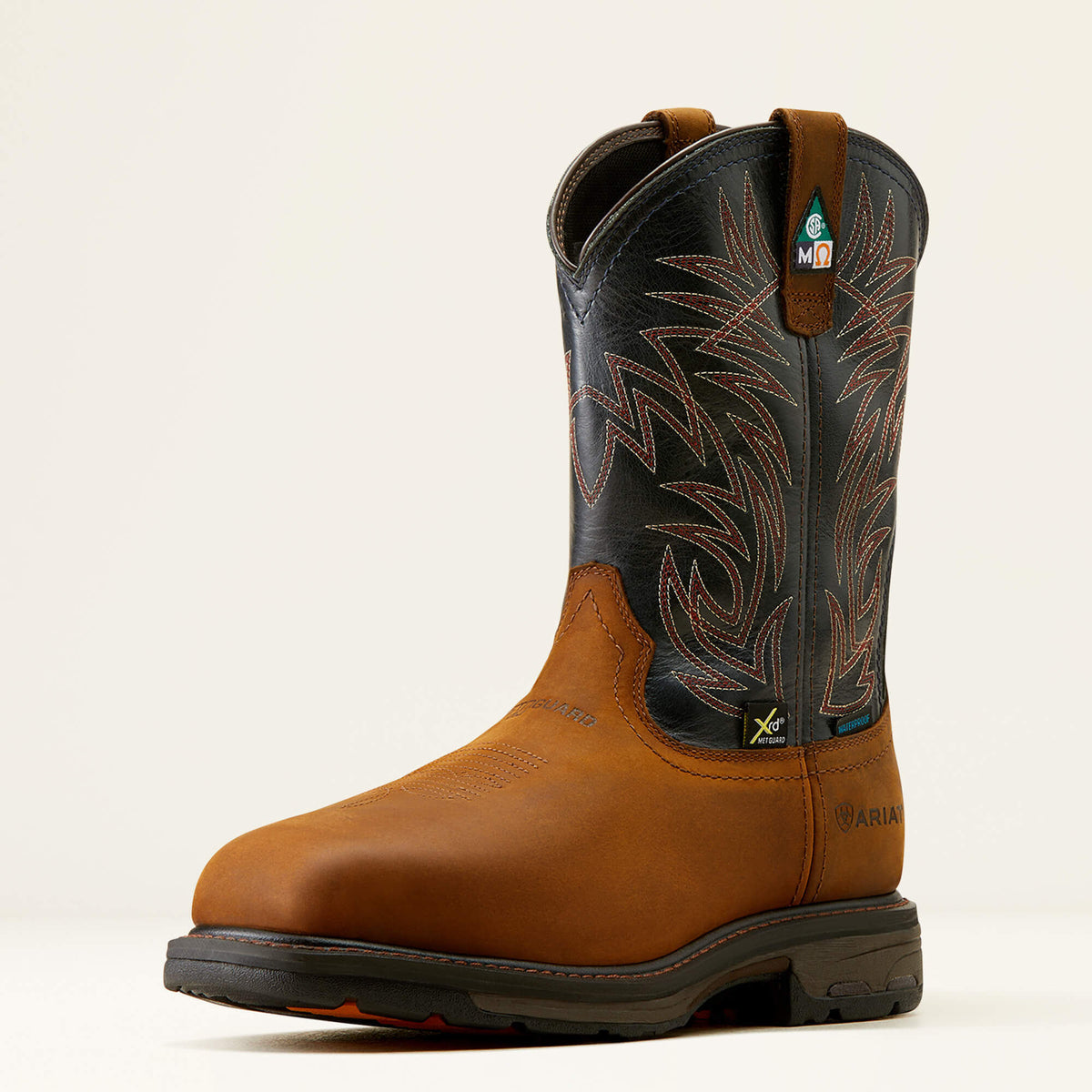 Ariat WorkHog CSA Waterproof Wide Square Toe Metguard Composite Toe Work Boot in Dark Copper, three-quarter front view
