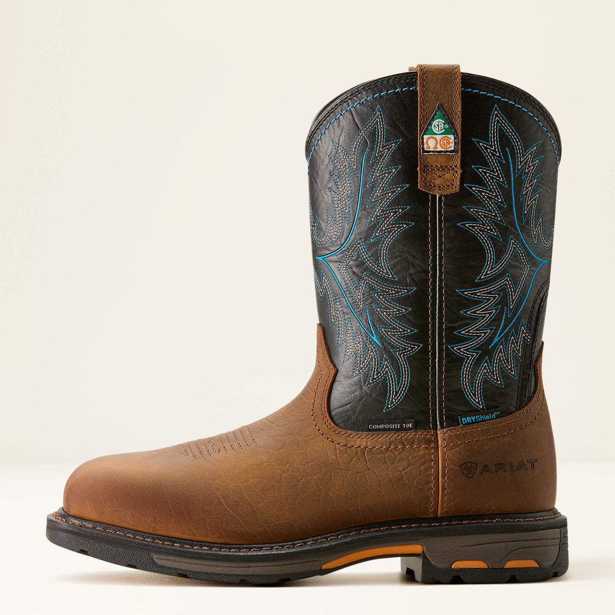 Ariat WorkHog CSA Waterproof Wide Square Toe Composite Toe Work Boot in Tumbled Bark, side view