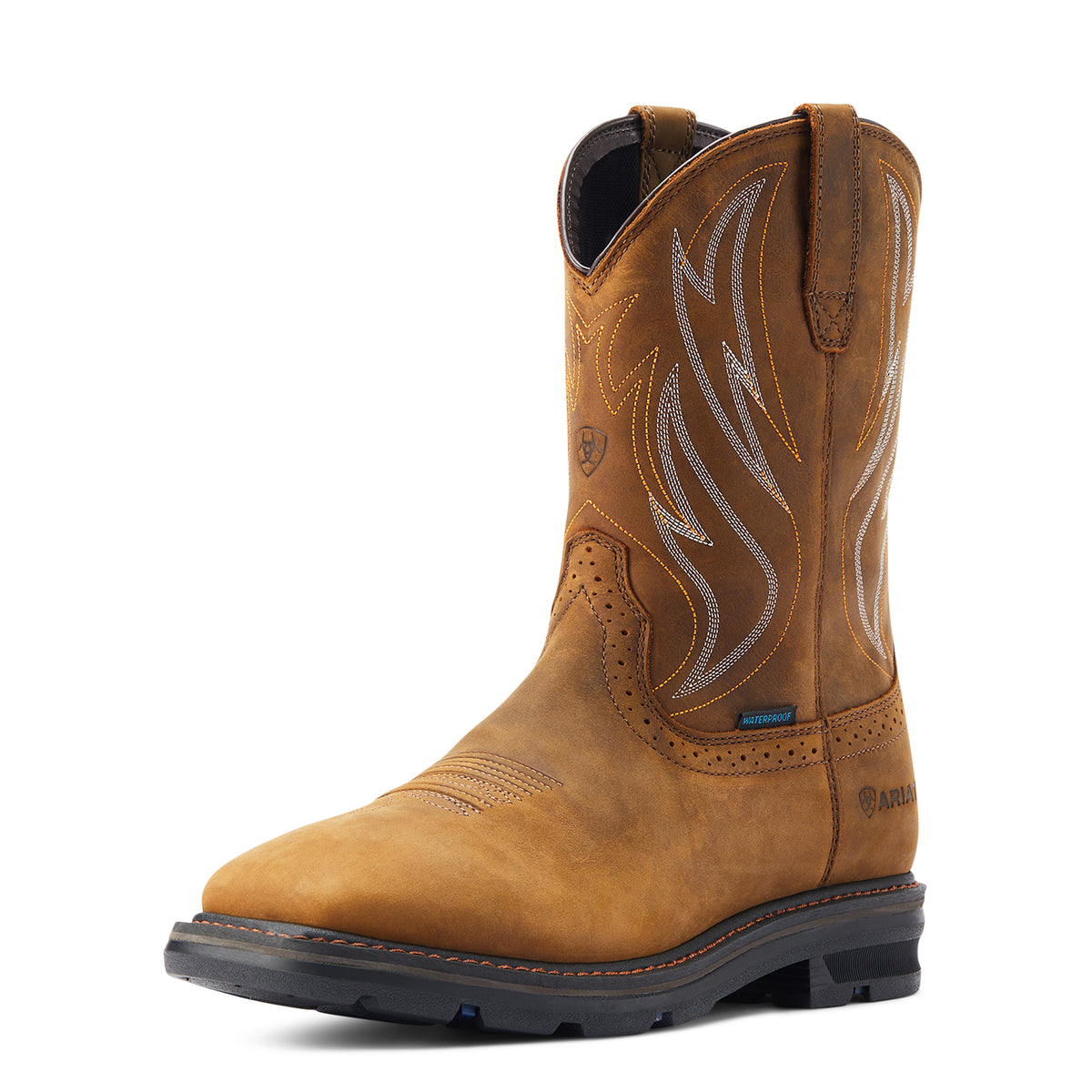 Ariat Sierra Shock Shield Waterproof Wide Square Toe Work Boot in Distressed Brown, three-quarter front view