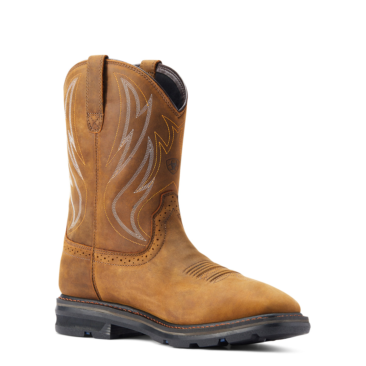 Ariat Sierra Shock Shield Waterproof Wide Square Toe Work Boot in Distressed Brown, medial view