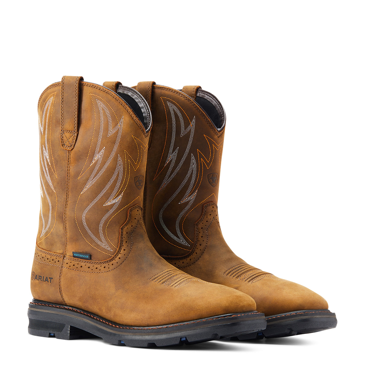 Ariat Sierra Shock Shield Waterproof Wide Square Toe Work Boot in Distressed Brown, pair view