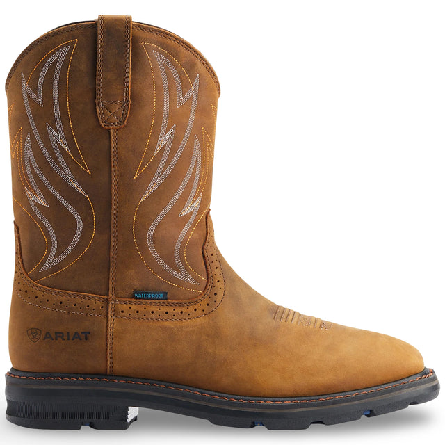 Ariat Sierra Shock Shield Waterproof Wide Square Toe Work Boot in Distressed Brown, side view