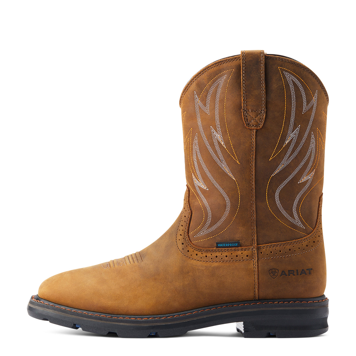 Ariat Sierra Shock Shield Waterproof Wide Square Toe Work Boot in Distressed Brown, side view