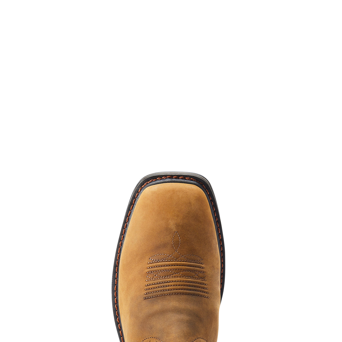 Ariat Sierra Shock Shield Waterproof Wide Square Toe Work Boot in Distressed Brown, toe view