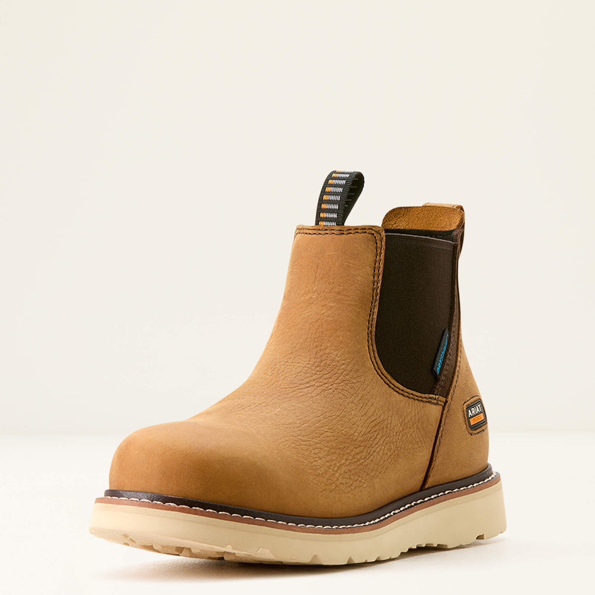 Ariat Rebar Wedge Chelsea Waterproof Work Boot in Antique Brown, three-quarter front view