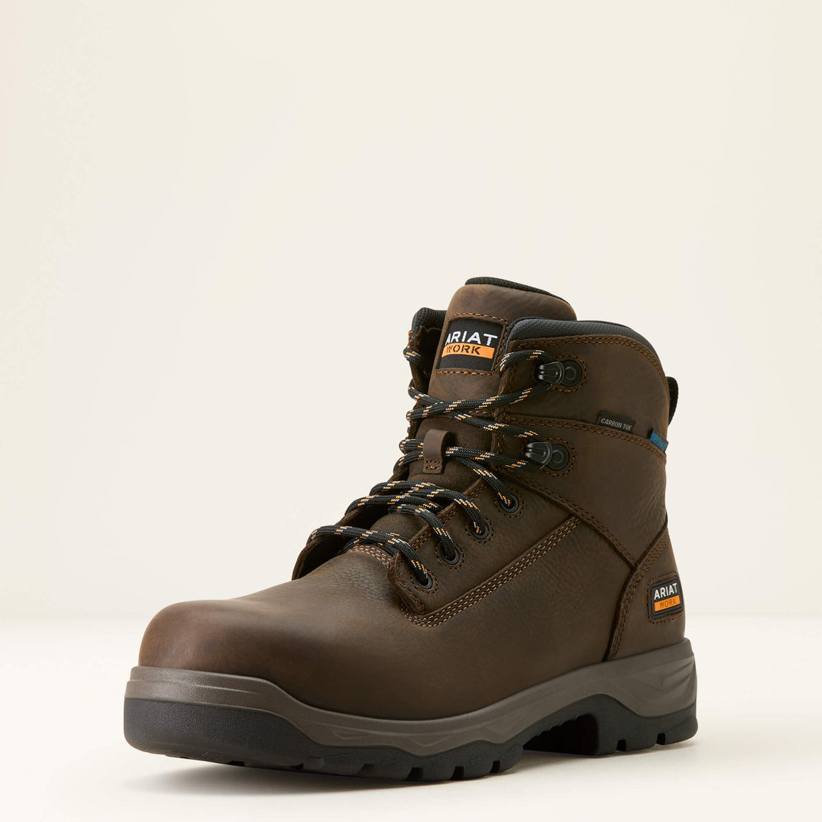 Ariat Turbo Duratread 6" Waterproof Carbon Toe Work Boot in Dark Brown, three-quarter front view